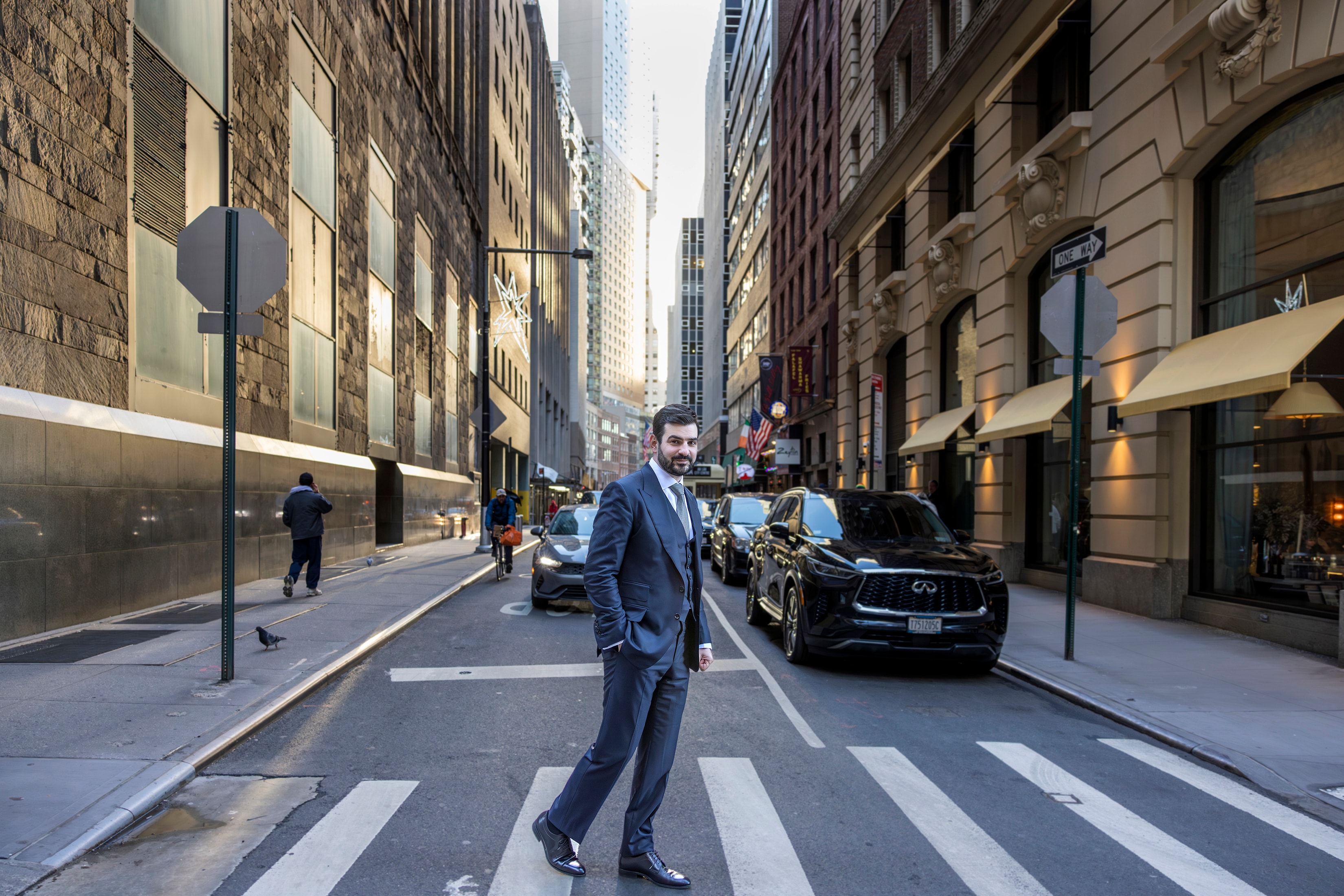 Tudor Coltan crossing a New York City street